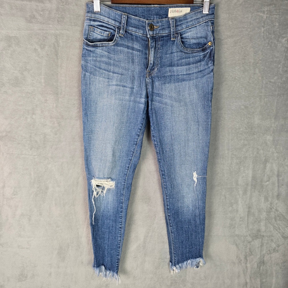 Pistola Womens Distressed Skinny Jeans Medium Wash‎ Raw Frayed Step Hem 27